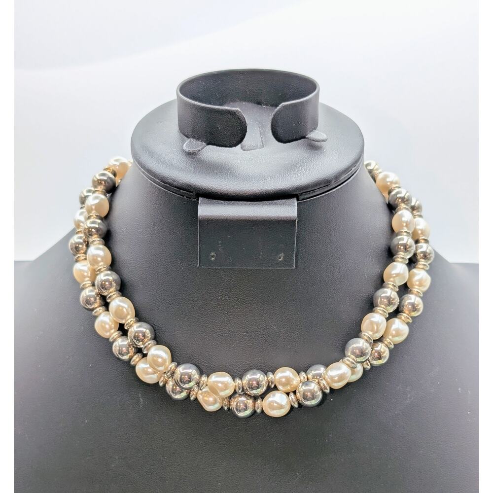 Vtg Anne Klein Silver Bead Pearl Double Strand Toggle Clasp 16"-16.75" Necklace
